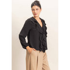 Ruffled V-Neck Button-Up Blouse