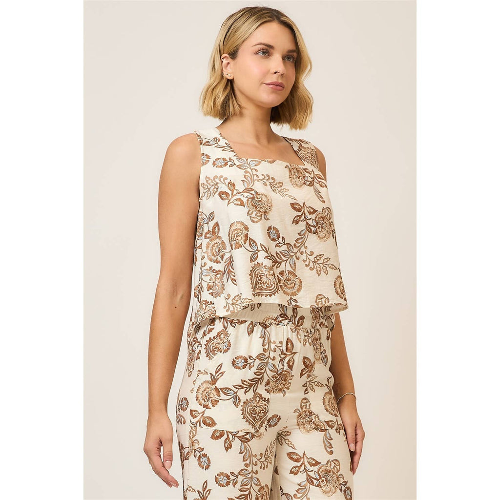 Floral Square Neck Sleeveless Top w Open Back Dtl