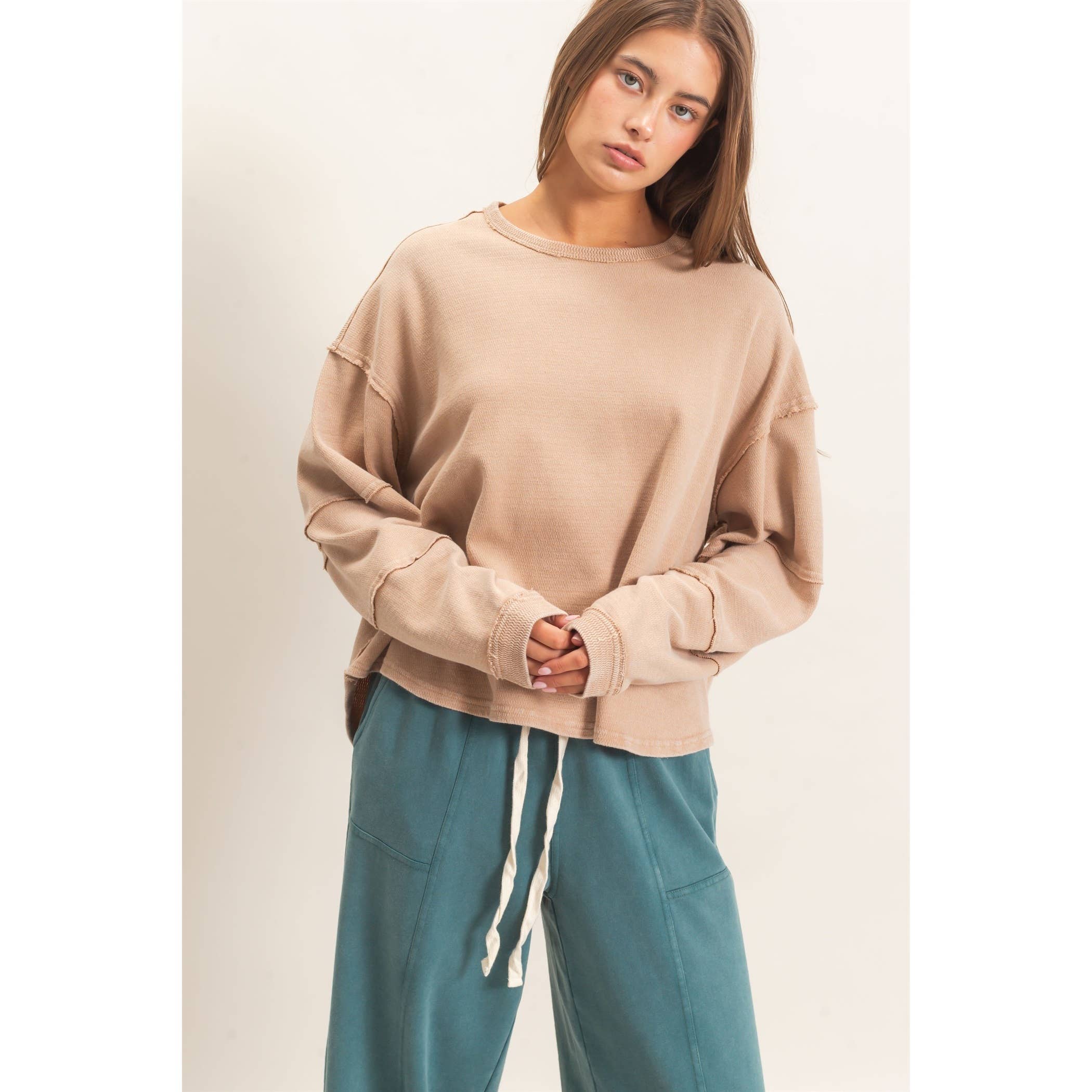 Mineral Wash Oversized Raw Edge Crew Neck Top