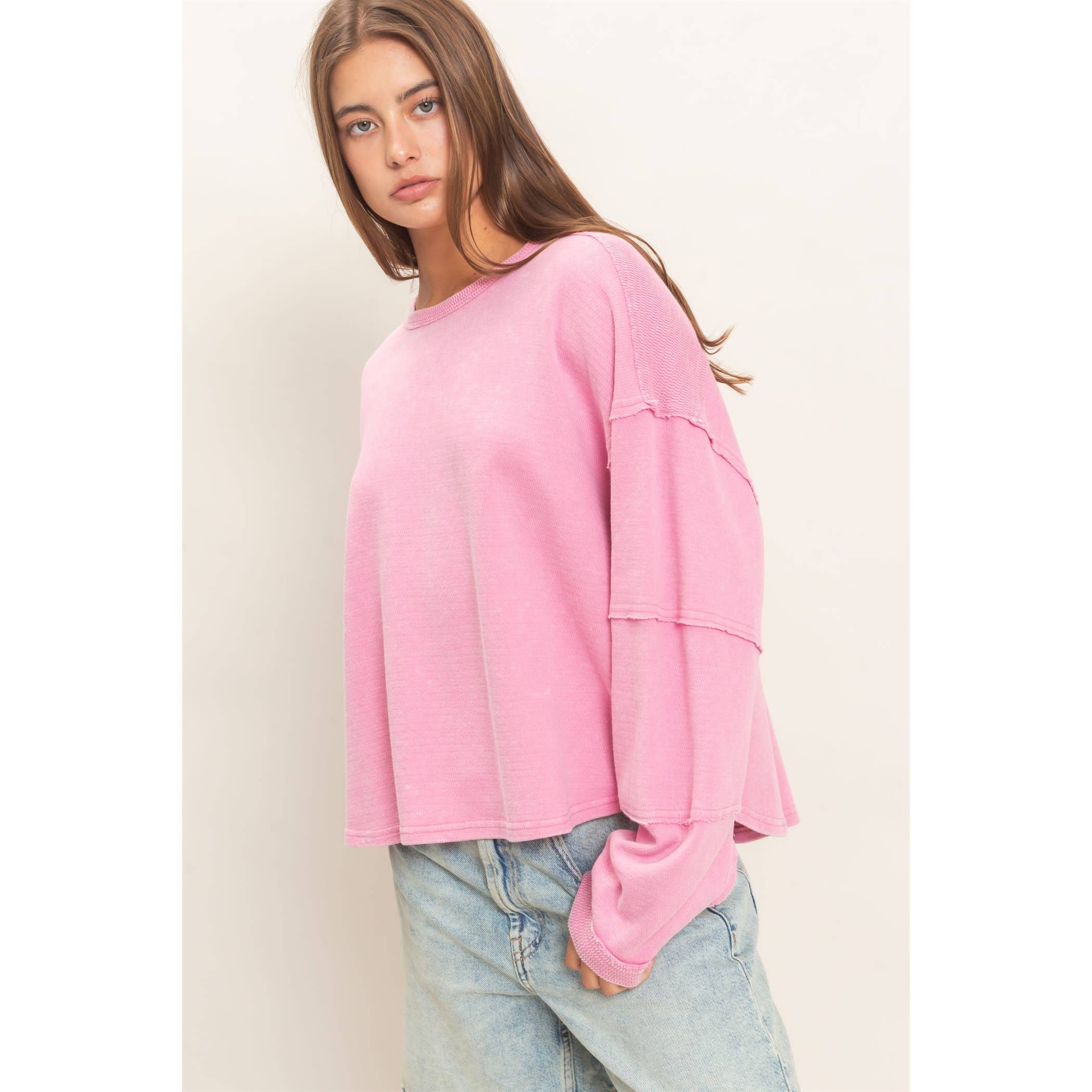 Mineral Wash Oversized Raw Edge Crew Neck Top