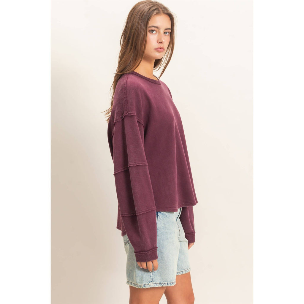Mineral Wash Oversized Raw Edge Crew Neck Top