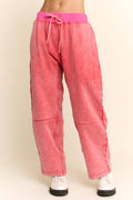 WASHED FRENCH TERRY CONTRAST WAIST BARREL PANTS