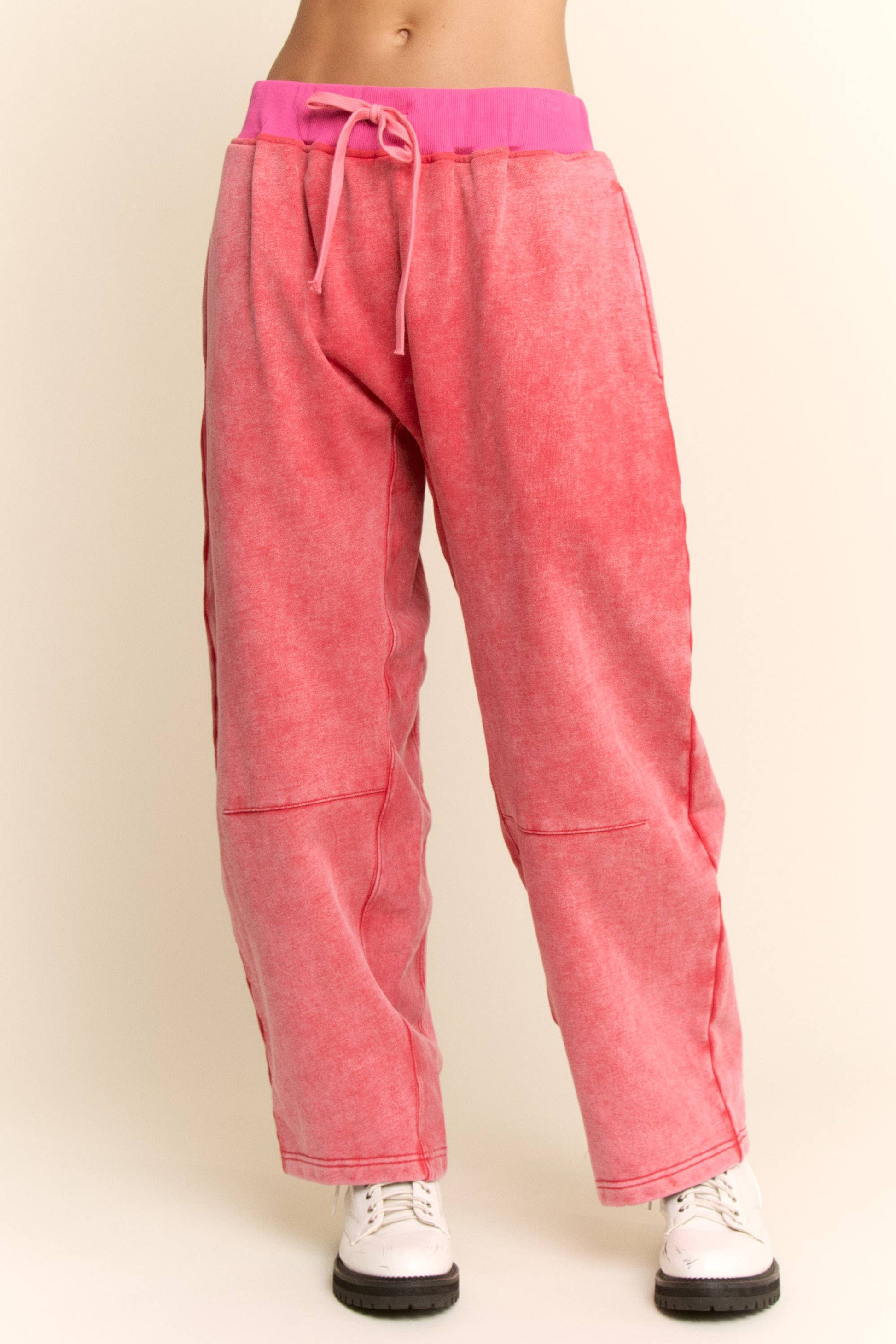 WASHED FRENCH TERRY CONTRAST WAIST BARREL PANTS