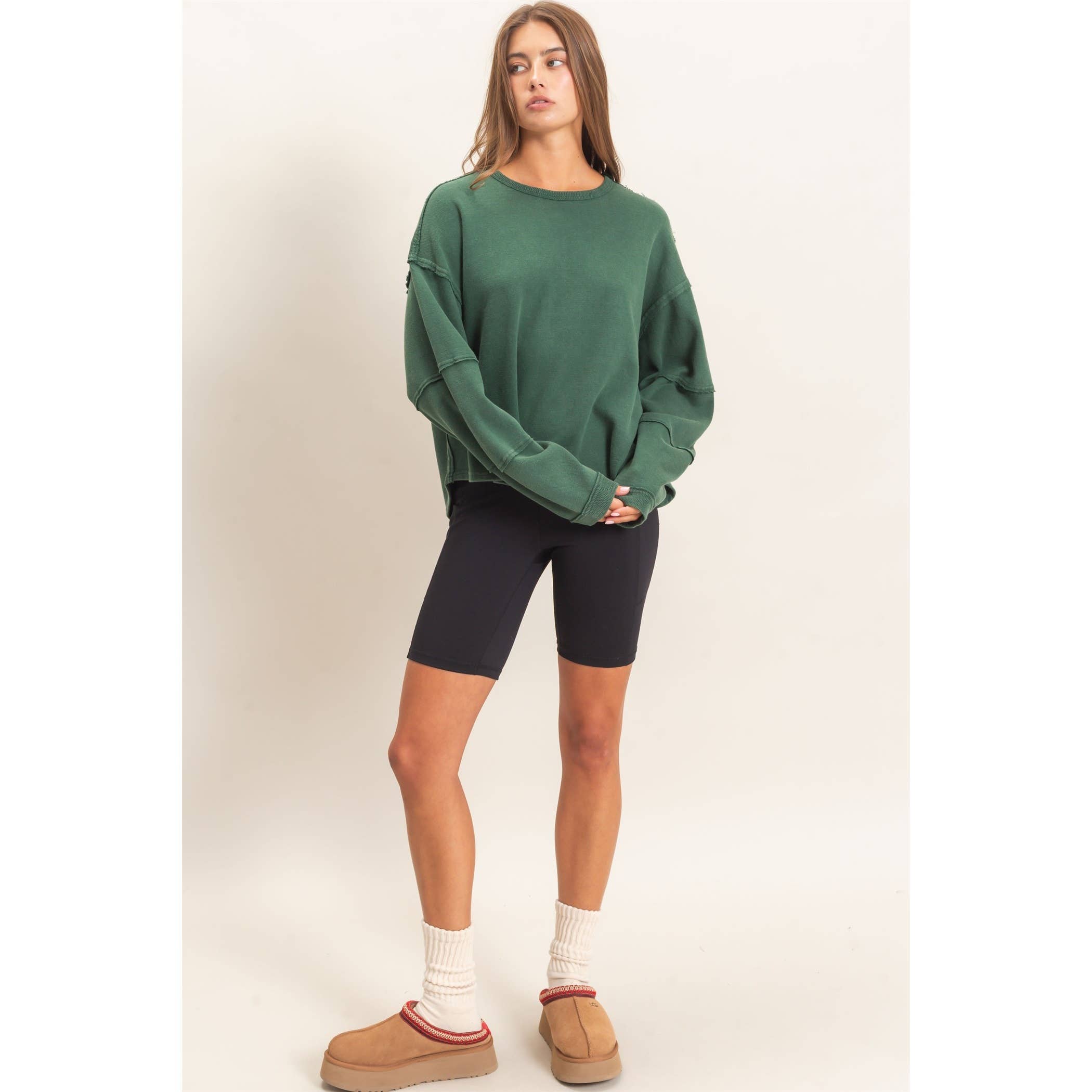 Mineral Wash Oversized Raw Edge Crew Neck Top