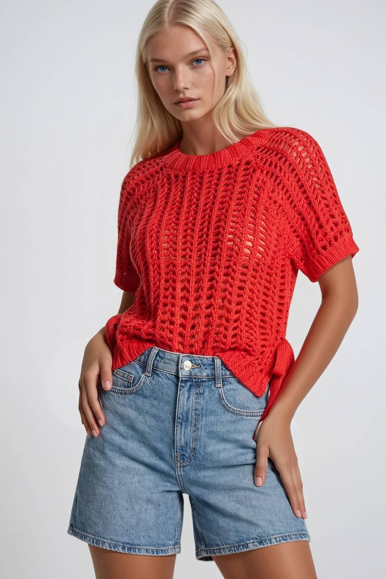 CHUNKY KNIT CROCHET SWEATER TOP WITH SIDE TIES W1551TIB