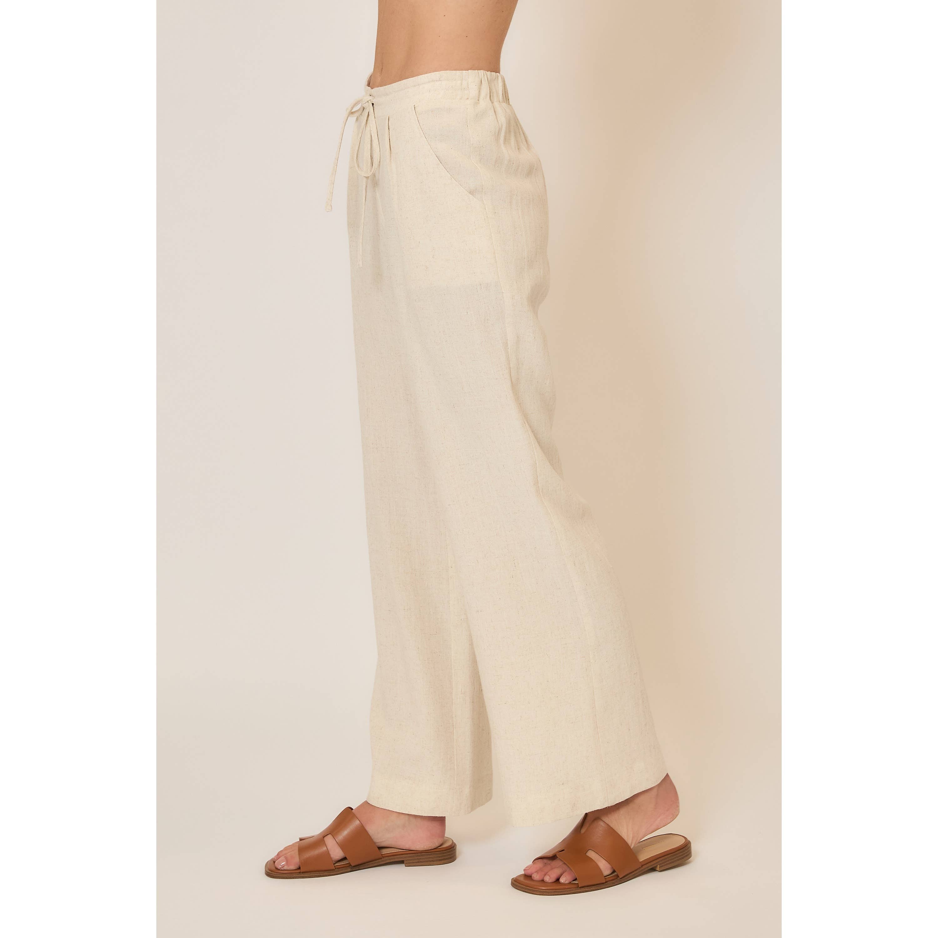 Drawstring Viscose Linen Blend Pants w Pockets