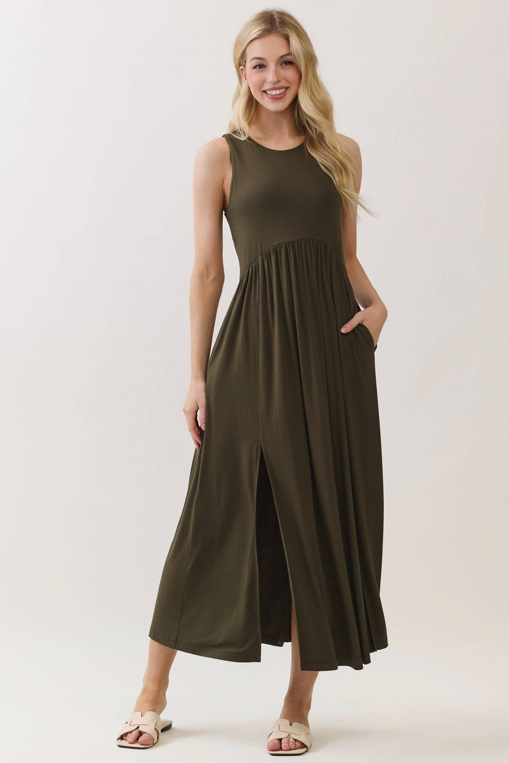Solid Sleeveless Midi Dress
