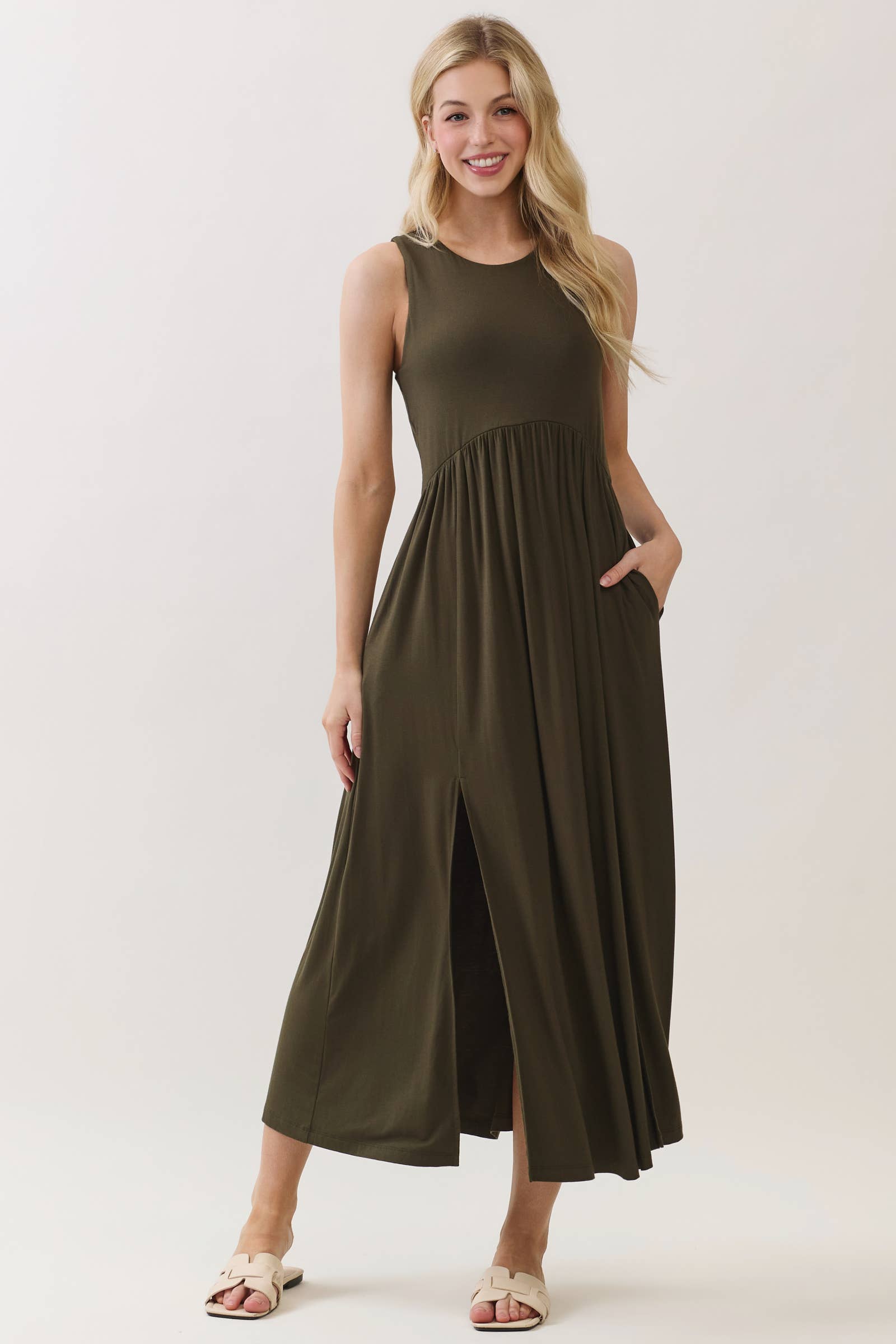 Solid Sleeveless Midi Dress