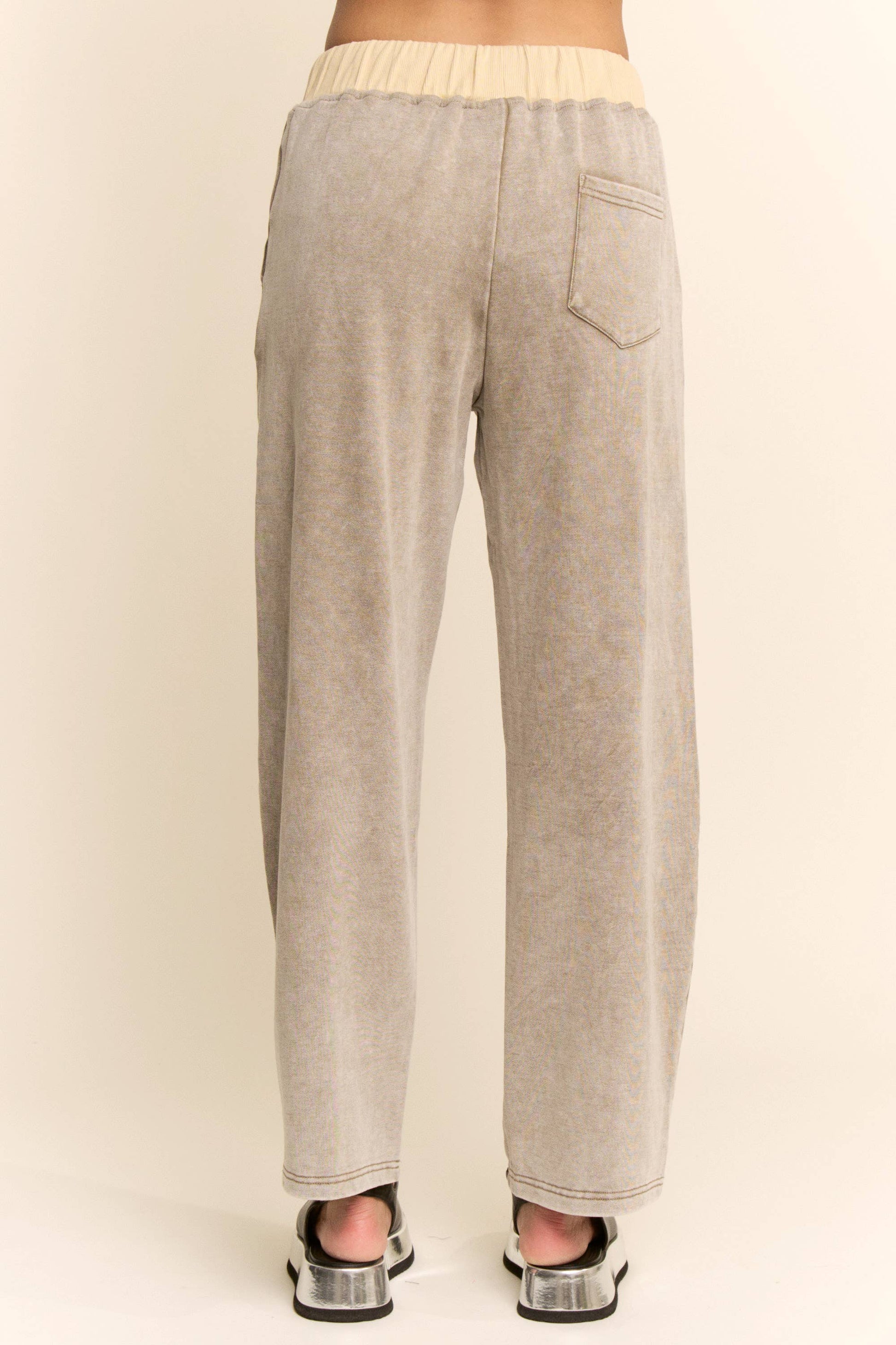 WASHED FRENCH TERRY CONTRAST WAIST BARREL PANTS