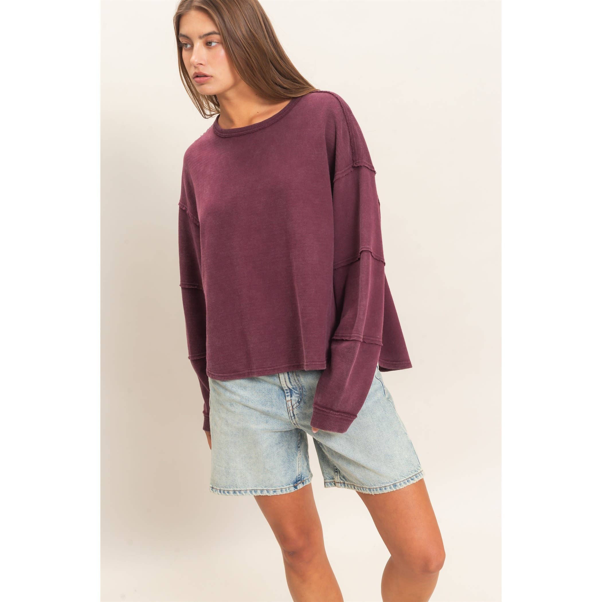 Mineral Wash Oversized Raw Edge Crew Neck Top