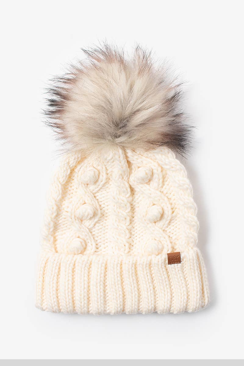 Popcorn Trim Knit Beanie with Faux Fur Pom