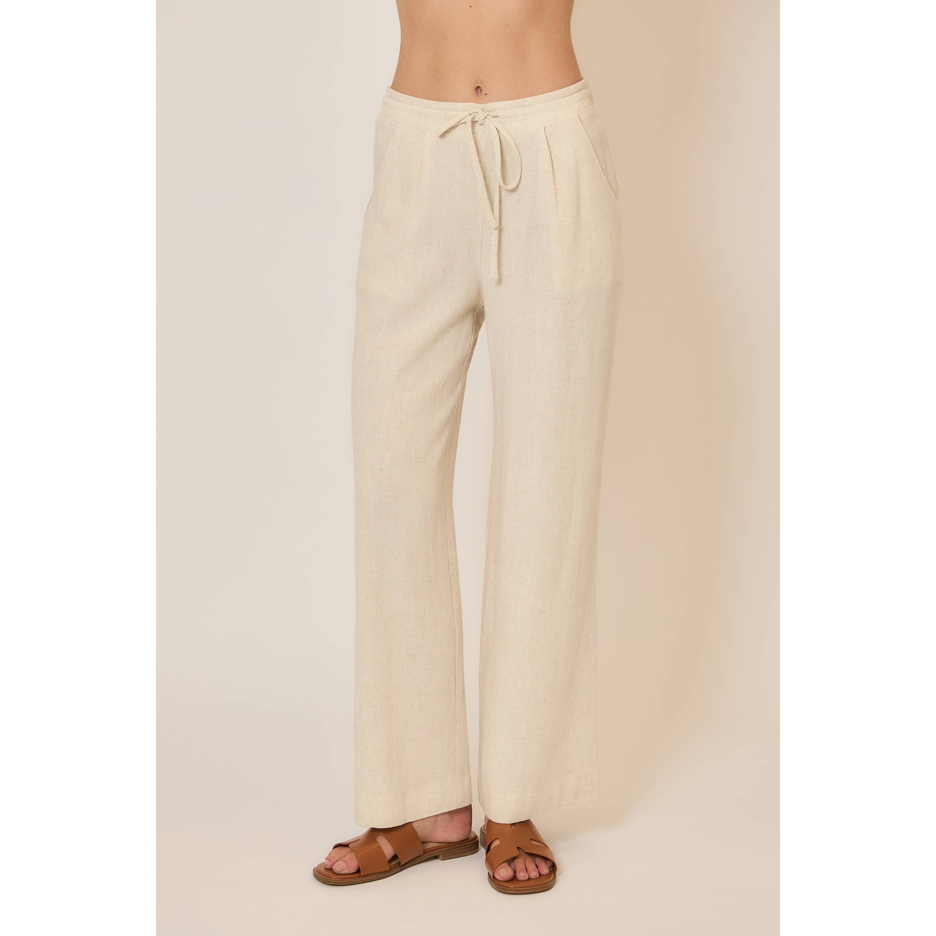 Drawstring Viscose Linen Blend Pants w Pockets