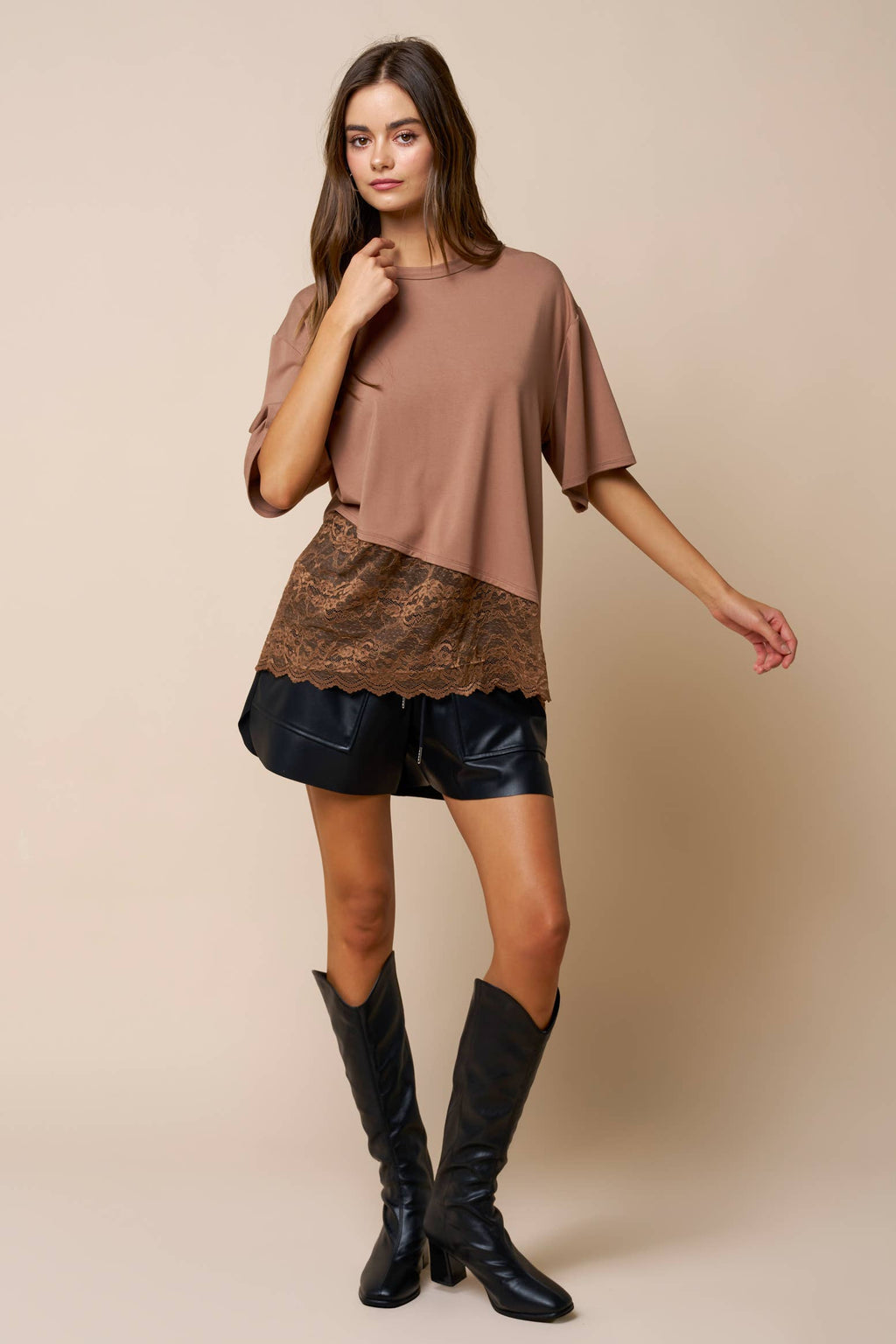 Loose Fit Jersey Knit Top W/ Asymmetrical Lace Contrast