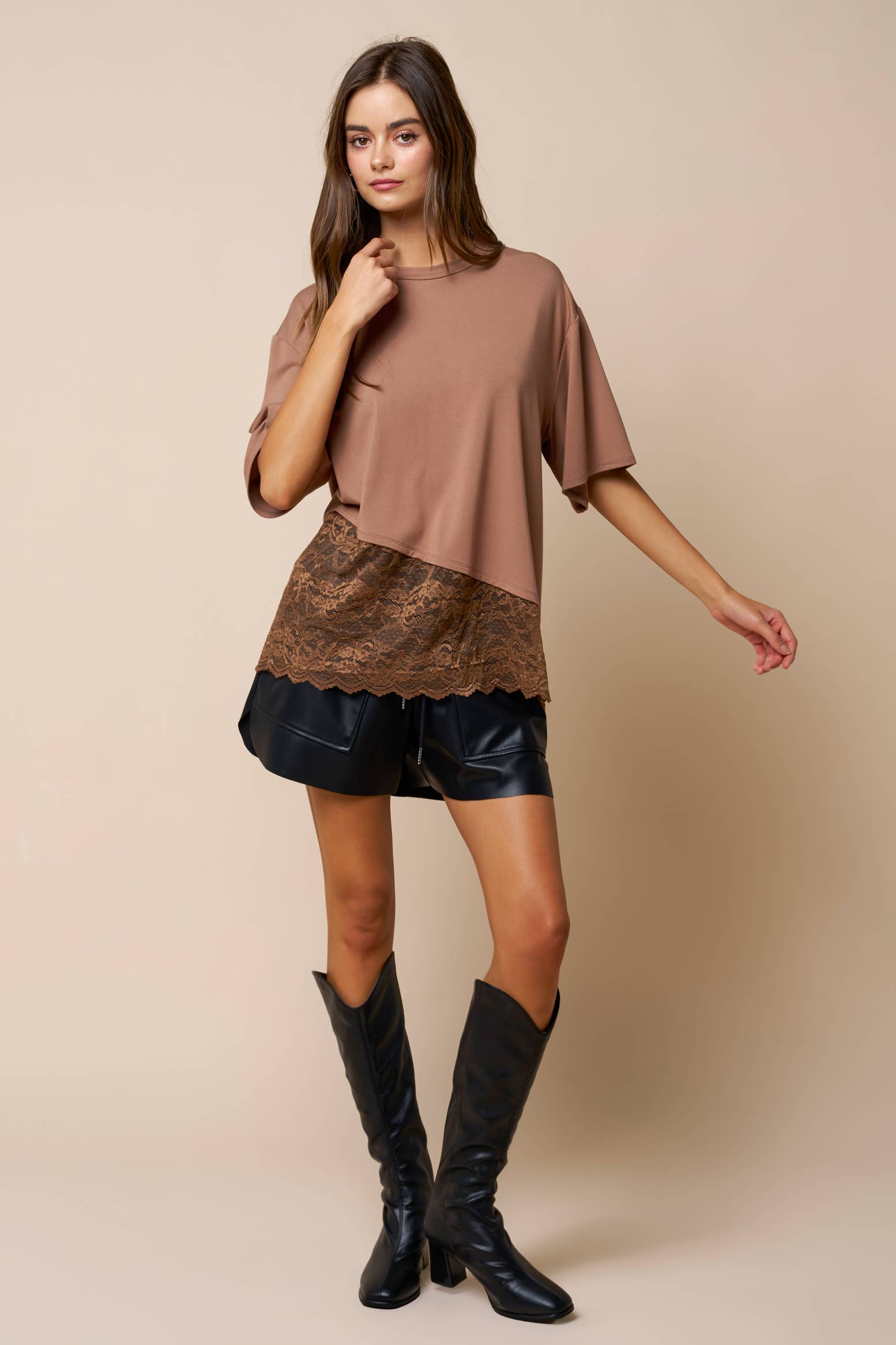 Loose Fit Jersey Knit Top W/ Asymmetrical Lace Contrast