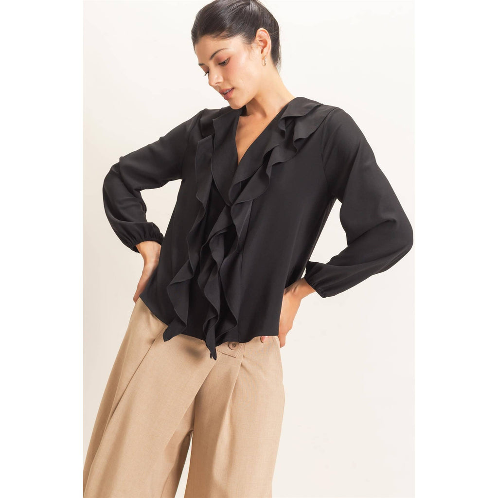 Ruffled V-Neck Button-Up Blouse