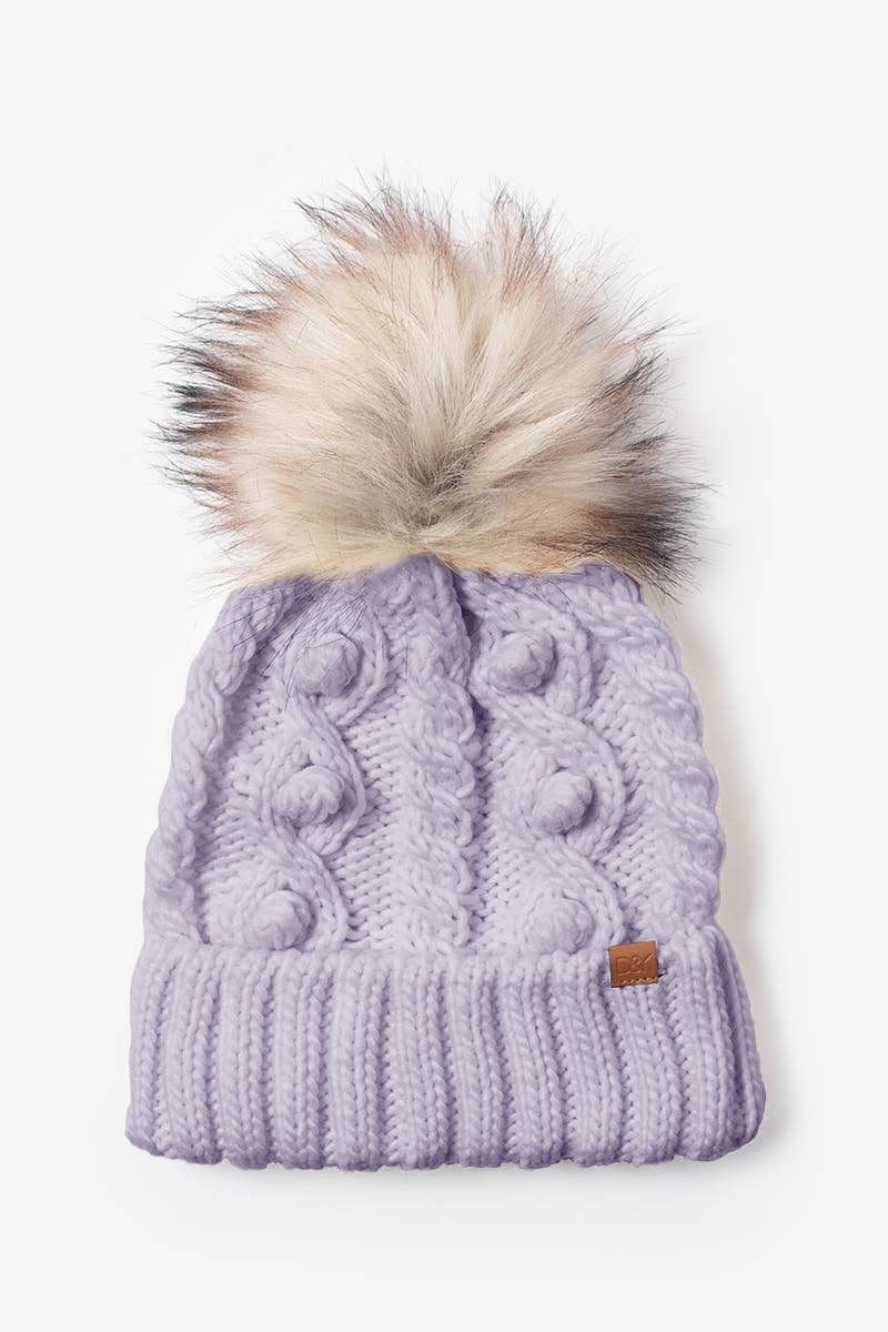 Popcorn Trim Knit Beanie with Faux Fur Pom