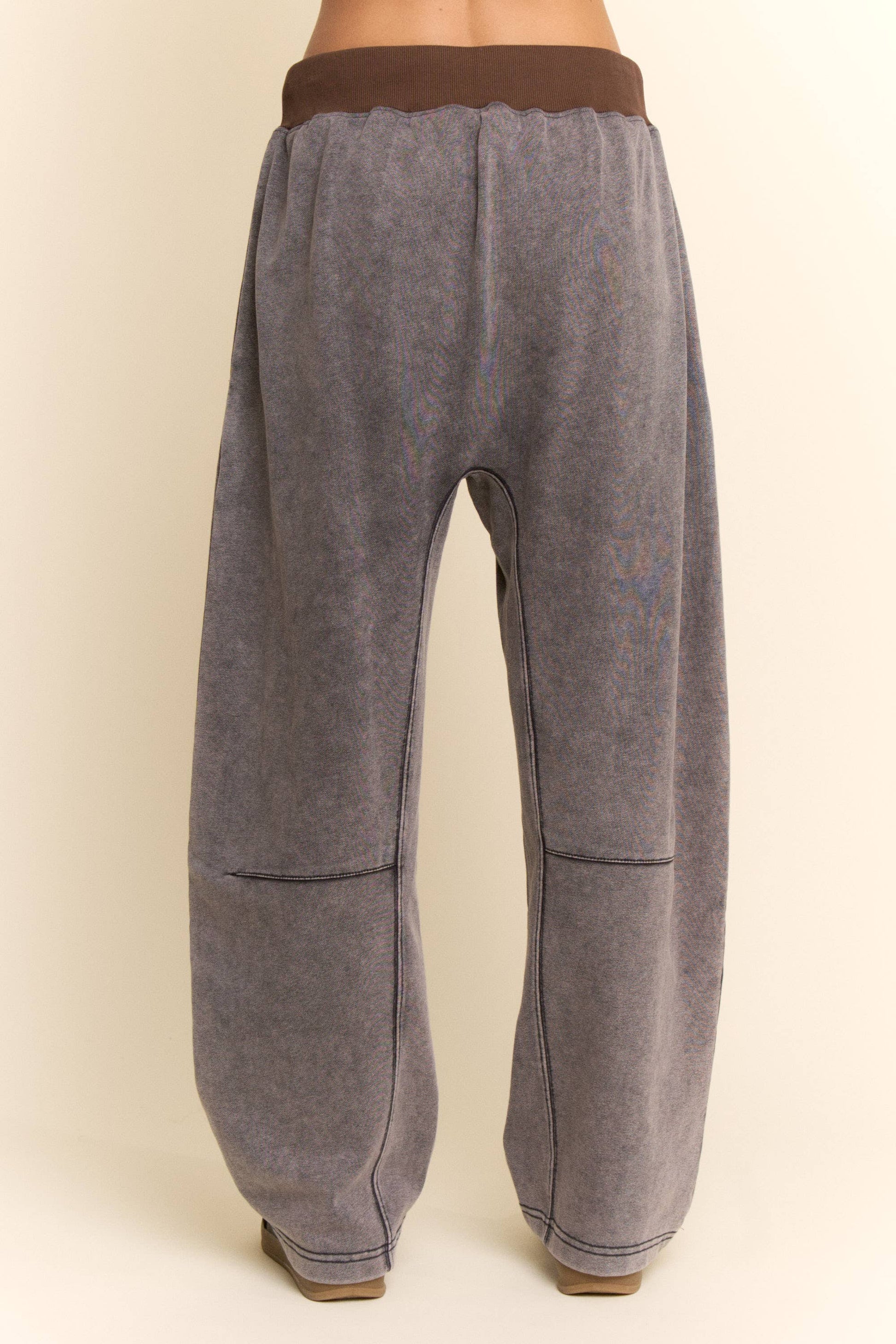 WASHED FRENCH TERRY CONTRAST WAIST BARREL PANTS