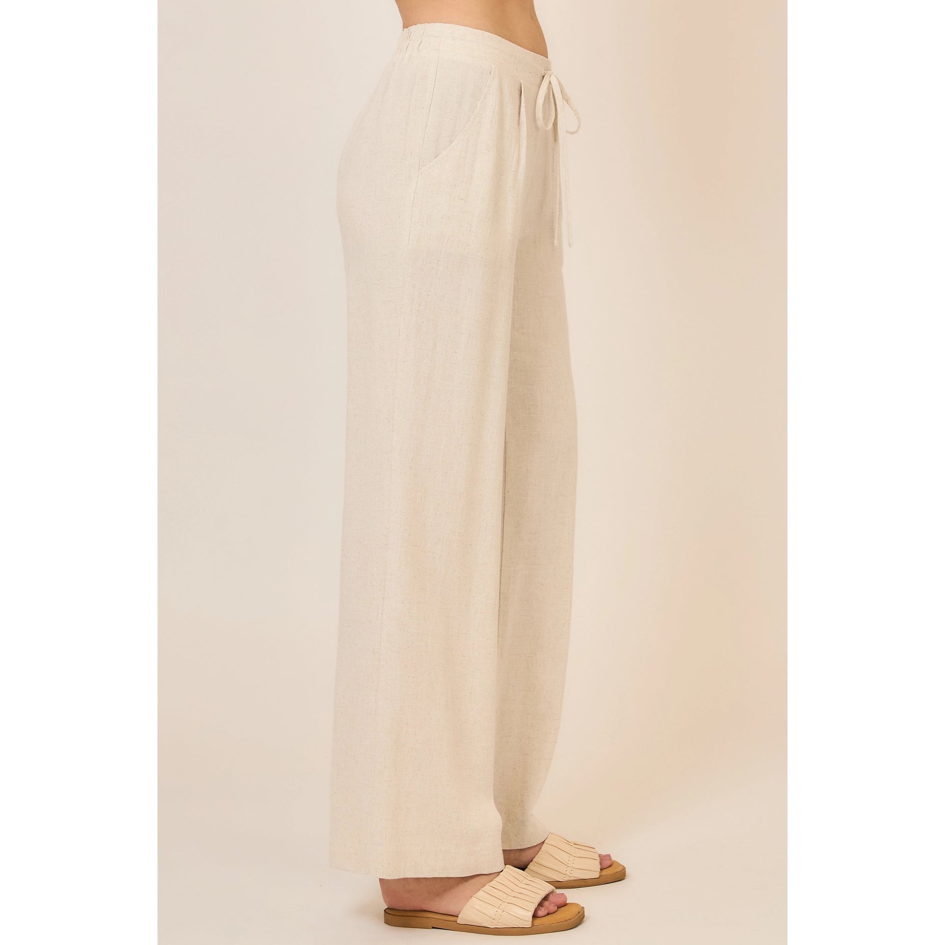 Drawstring Viscose Linen Blend Pants W Pockets