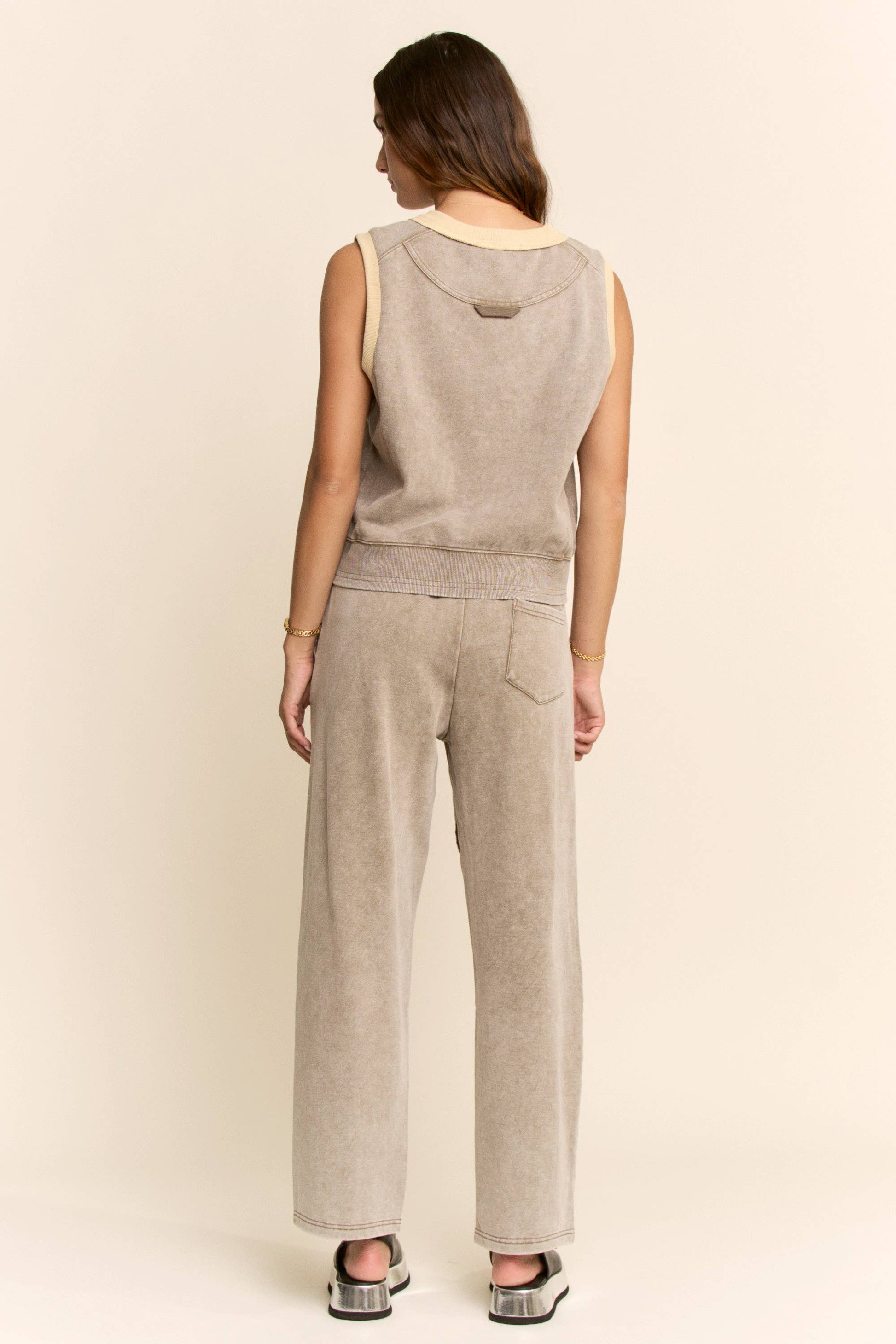 WASHED FRENCH TERRY CONTRAST WAIST BARREL PANTS