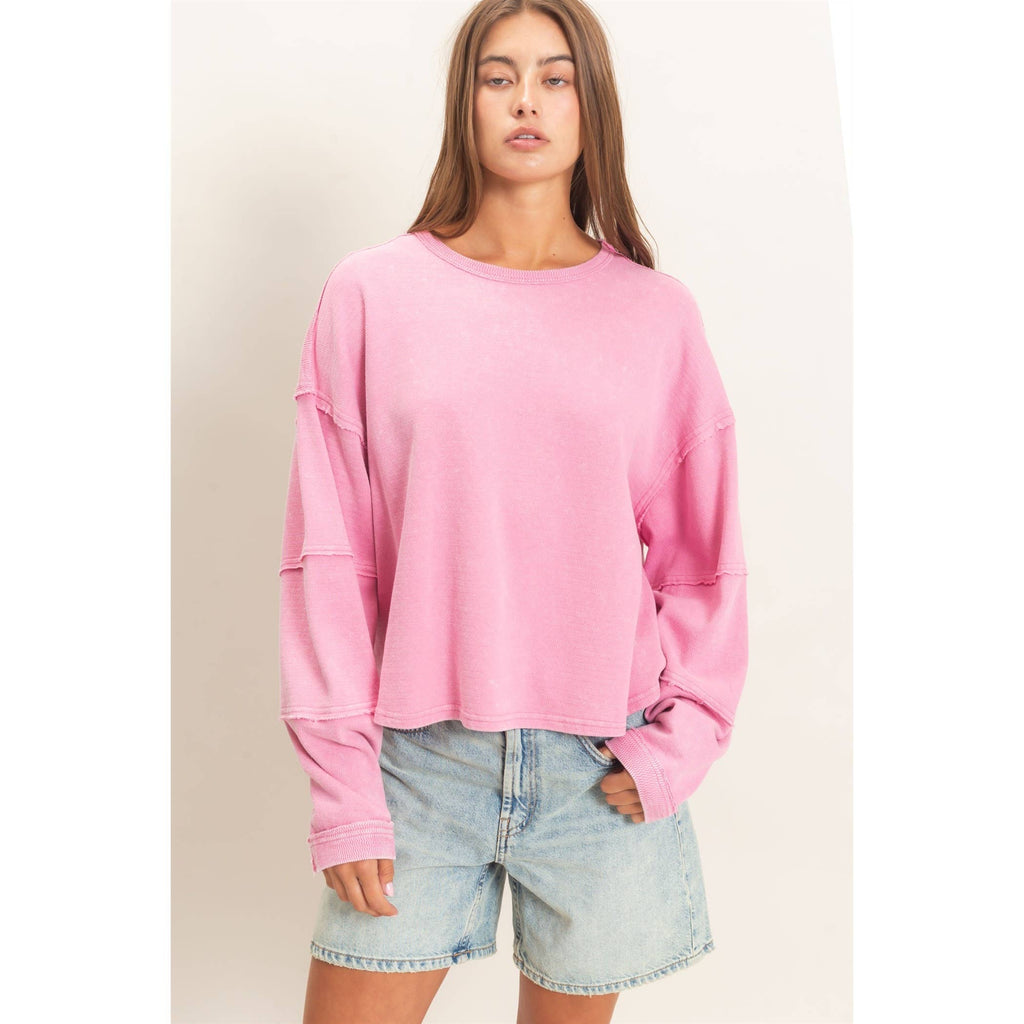 Mineral Wash Oversized Raw Edge Crew Neck Top