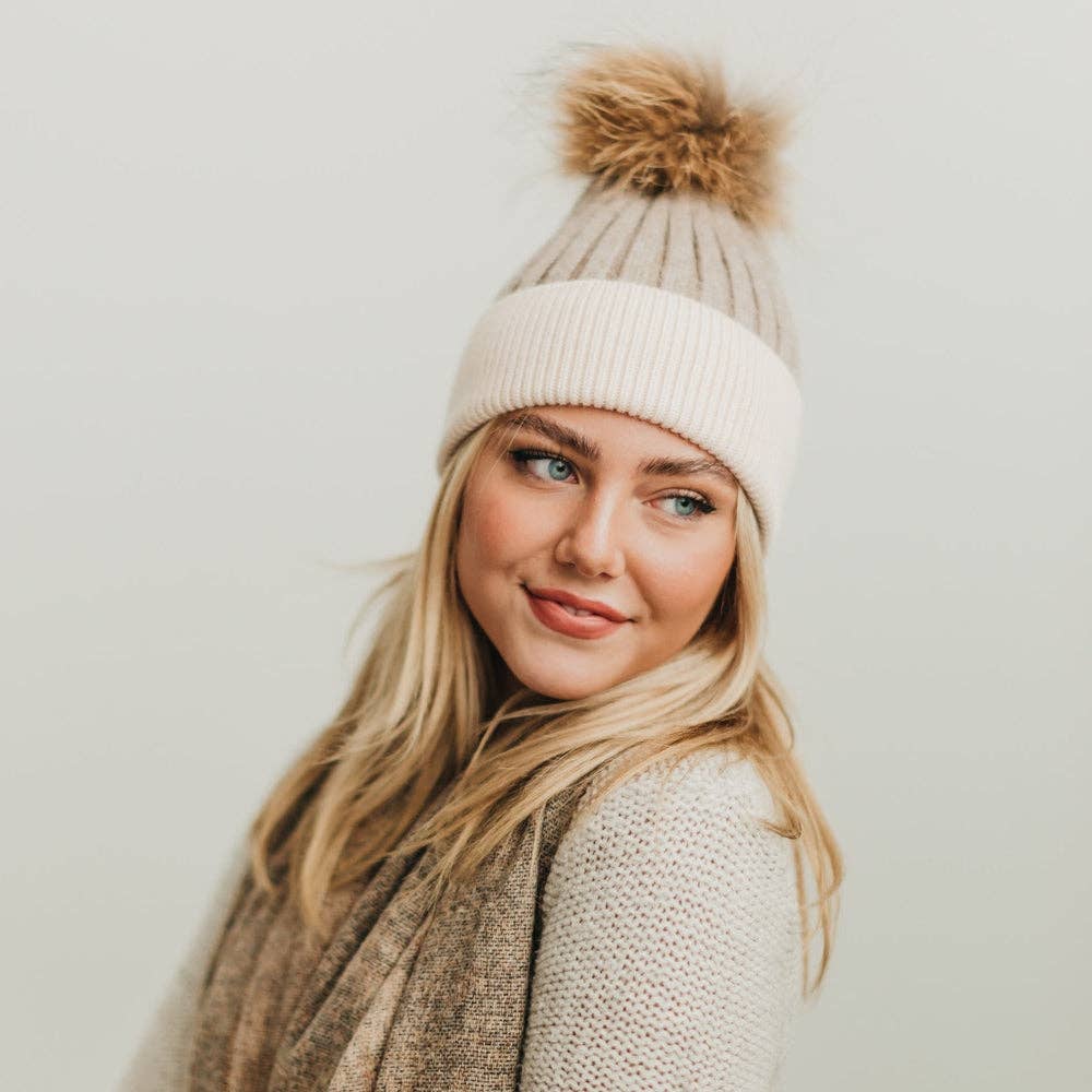 2 Tone Angora Knit Fur Pom Beanie