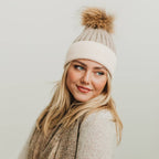 2 Tone Angora Knit Fur Pom Beanie