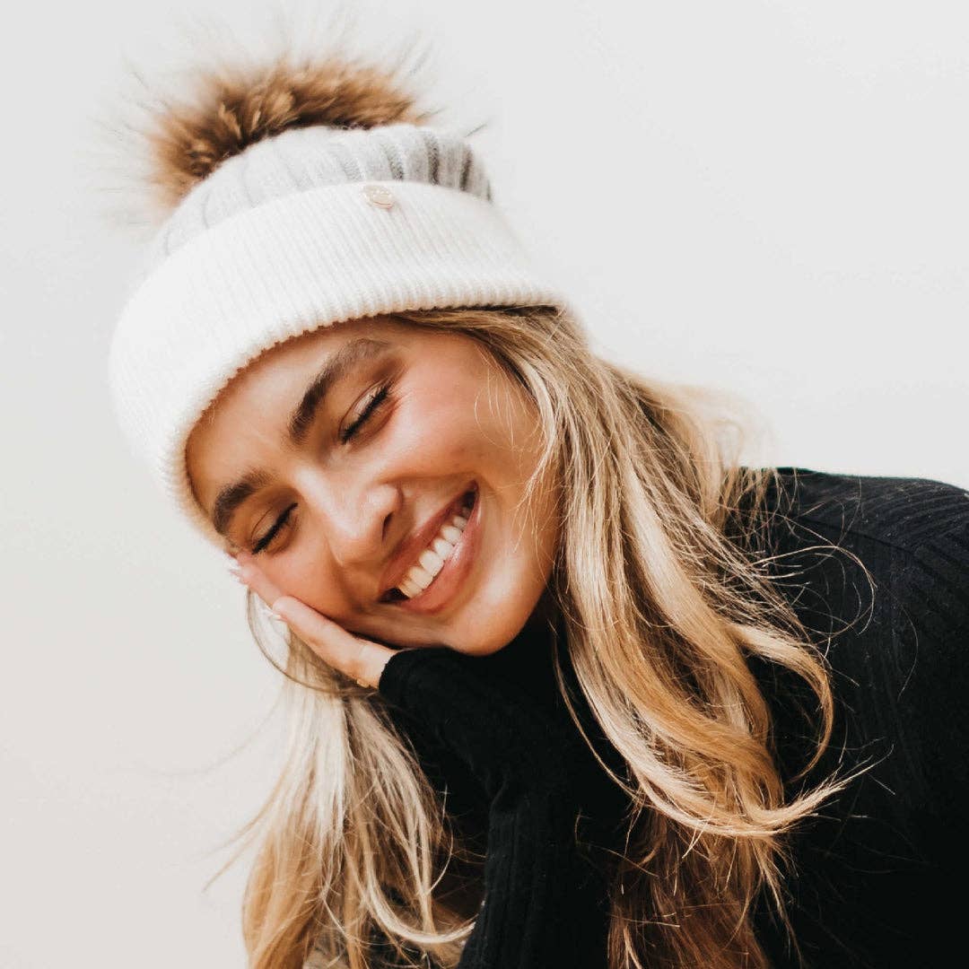 2 Tone Angora Knit Fur Pom Beanie