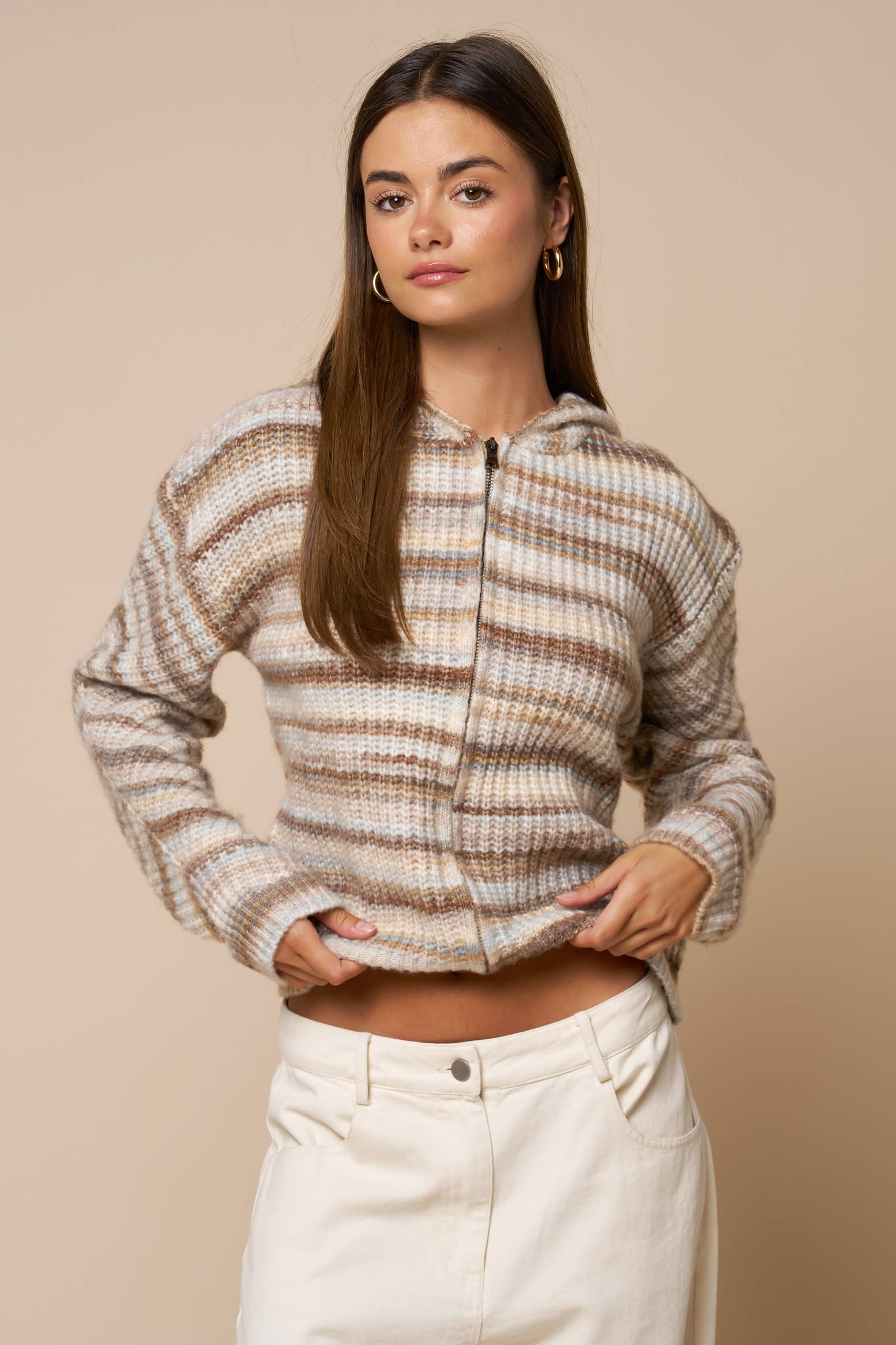Striped Zip Front Hooded Sweater