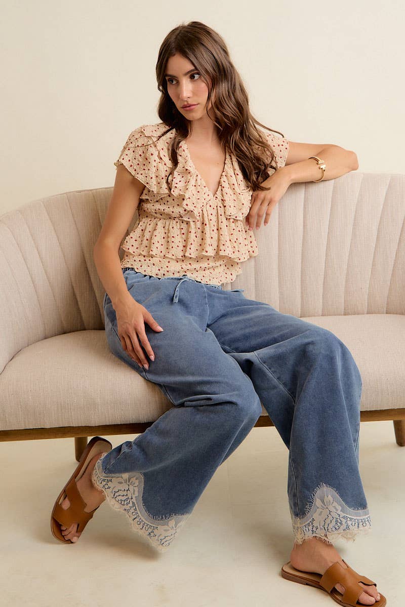 LACE TRIM MID RISE DENIM PANTS