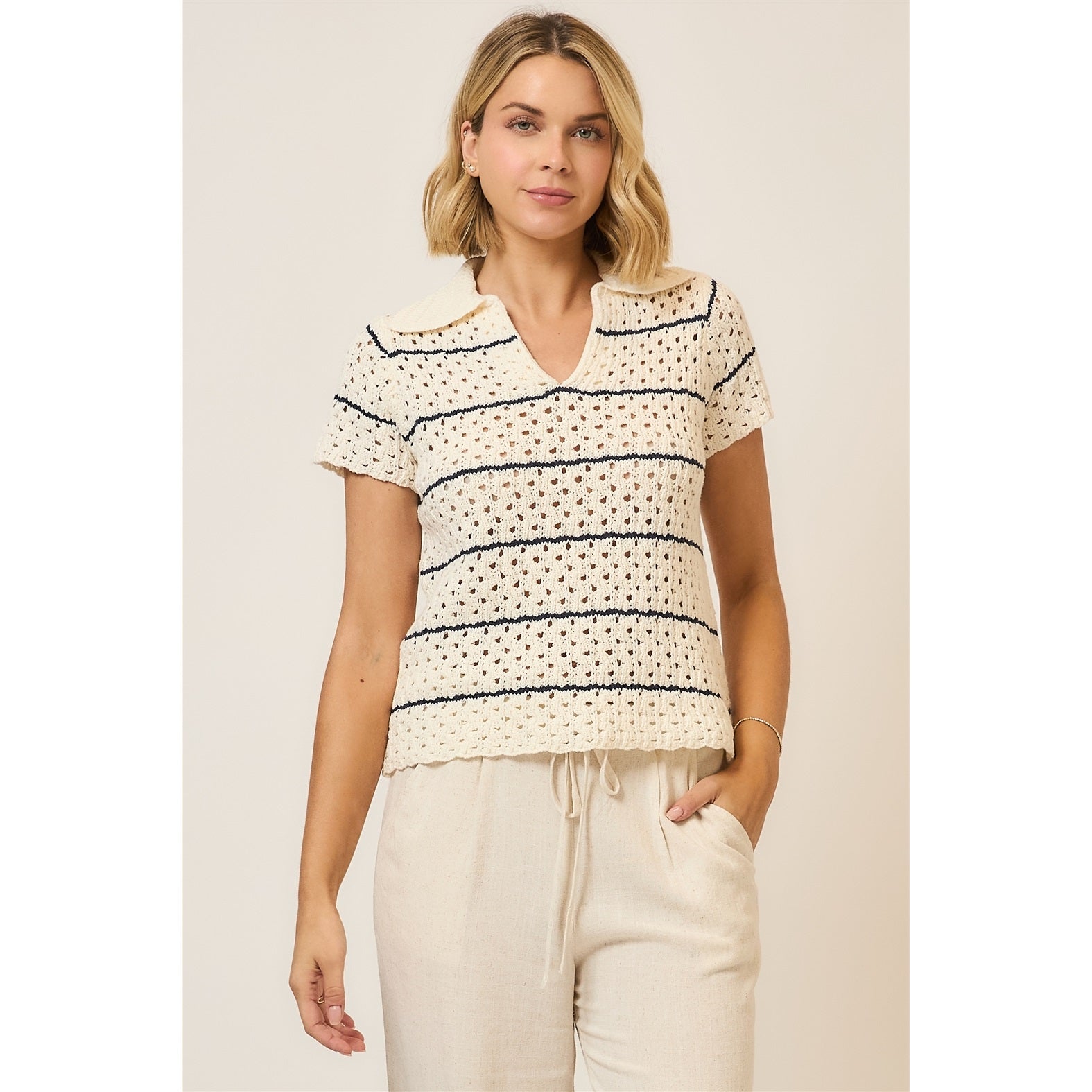Striped Open Knit Short Sleeve Collar ToP