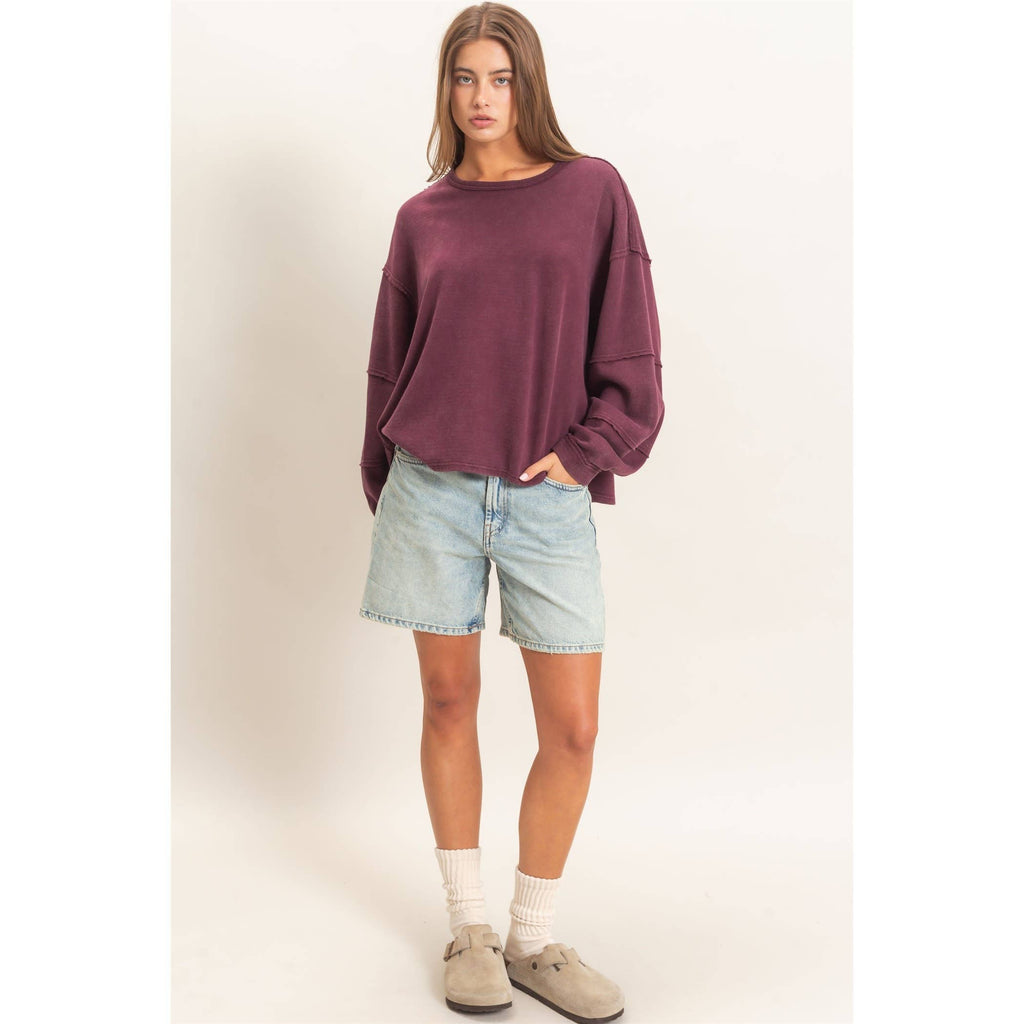 Mineral Wash Oversized Raw Edge Crew Neck Top