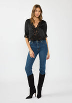 V-Neck Button Front Blouse with Lace Trim