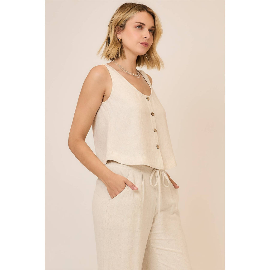 Viscose Linen Blend Button Up Sleeveless Top