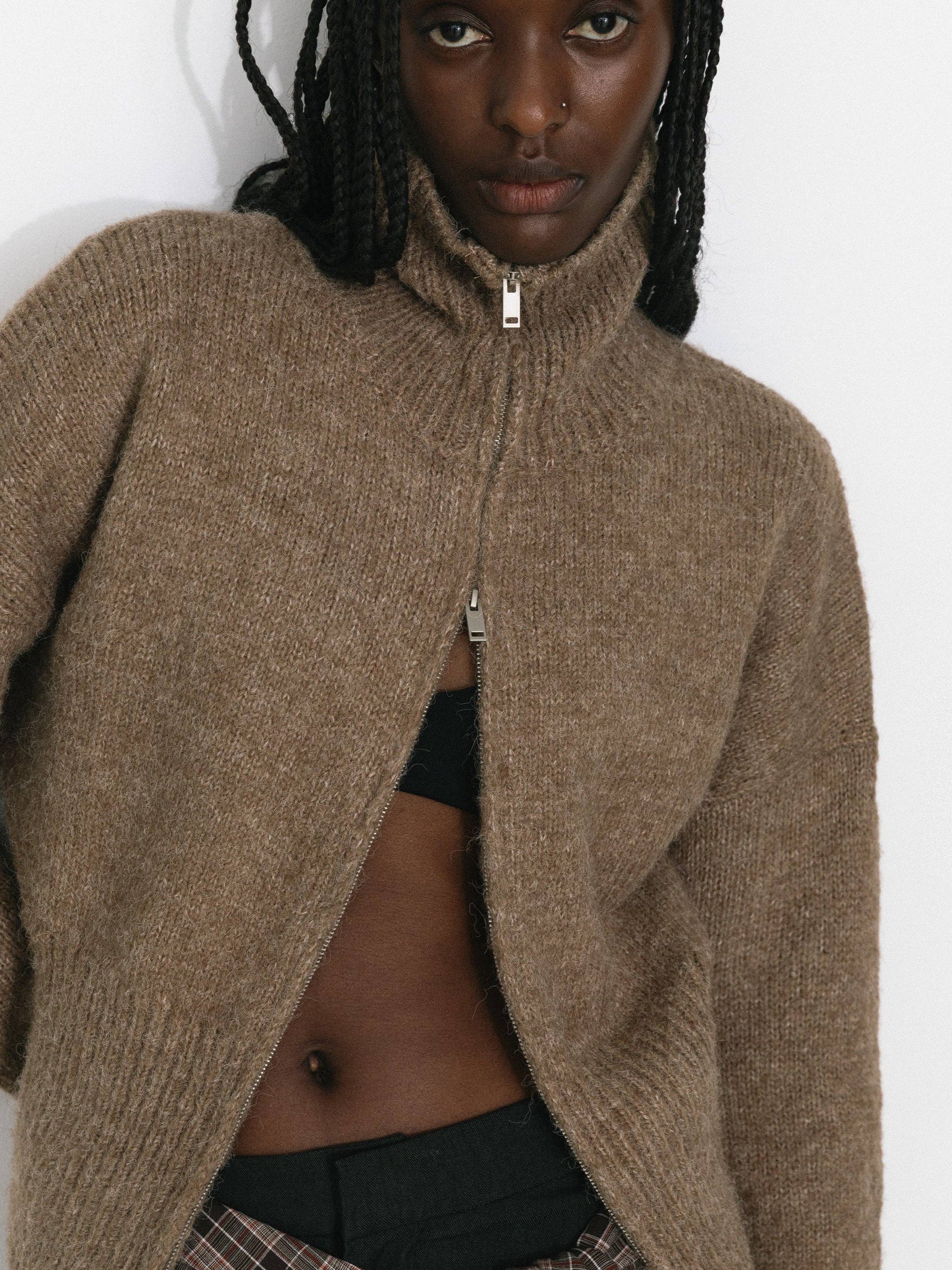 Retro Stand Collar Zip-Up Cardigan