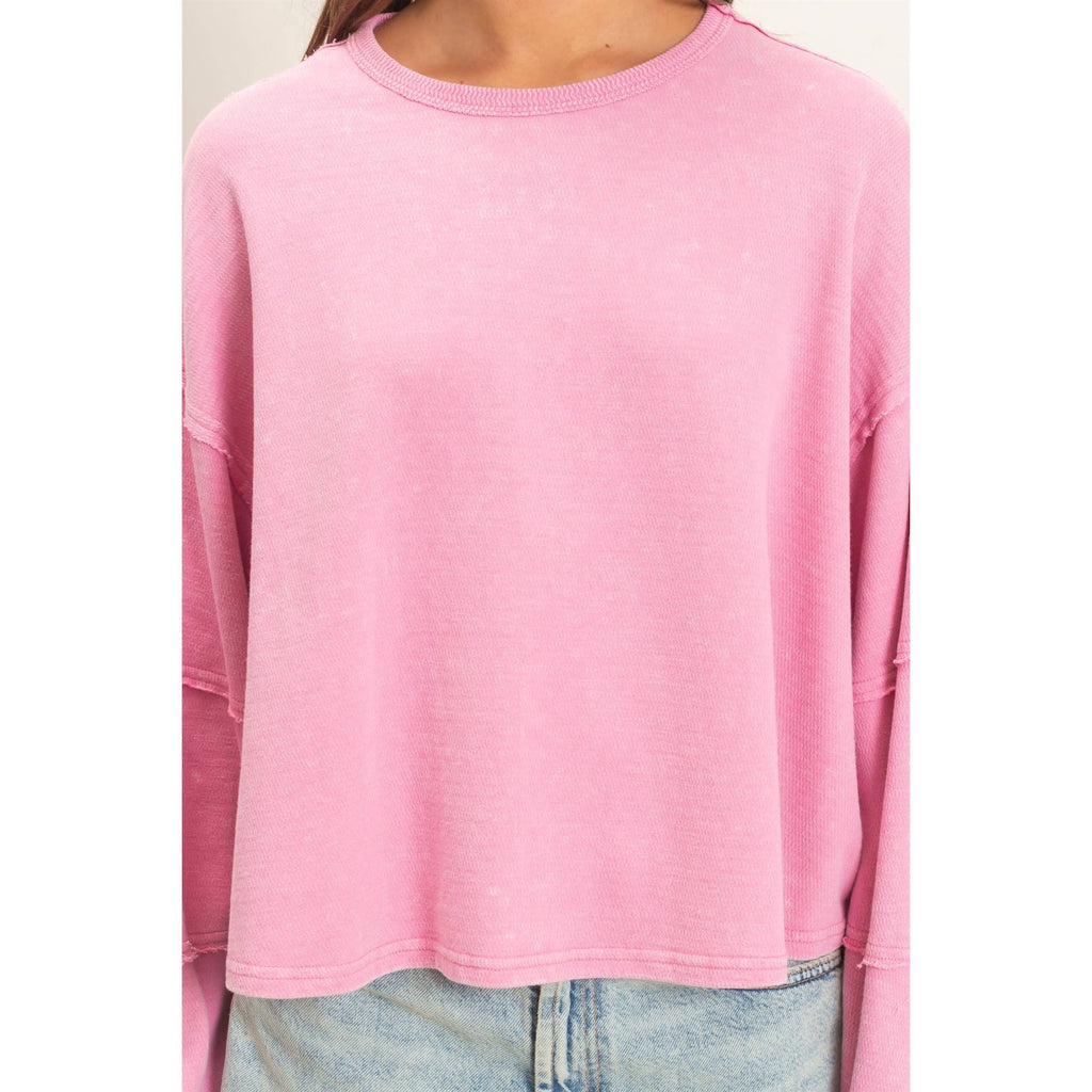 Mineral Wash Oversized Raw Edge Crew Neck Top
