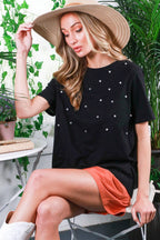 Round Neck Rhinestone Detail 100% Cotton T-Shirt Top
