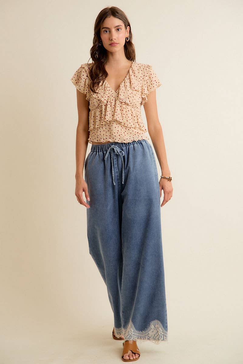 LACE TRIM MID RISE DENIM PANTS