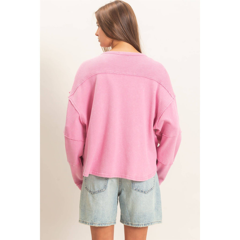 Mineral Wash Oversized Raw Edge Crew Neck Top