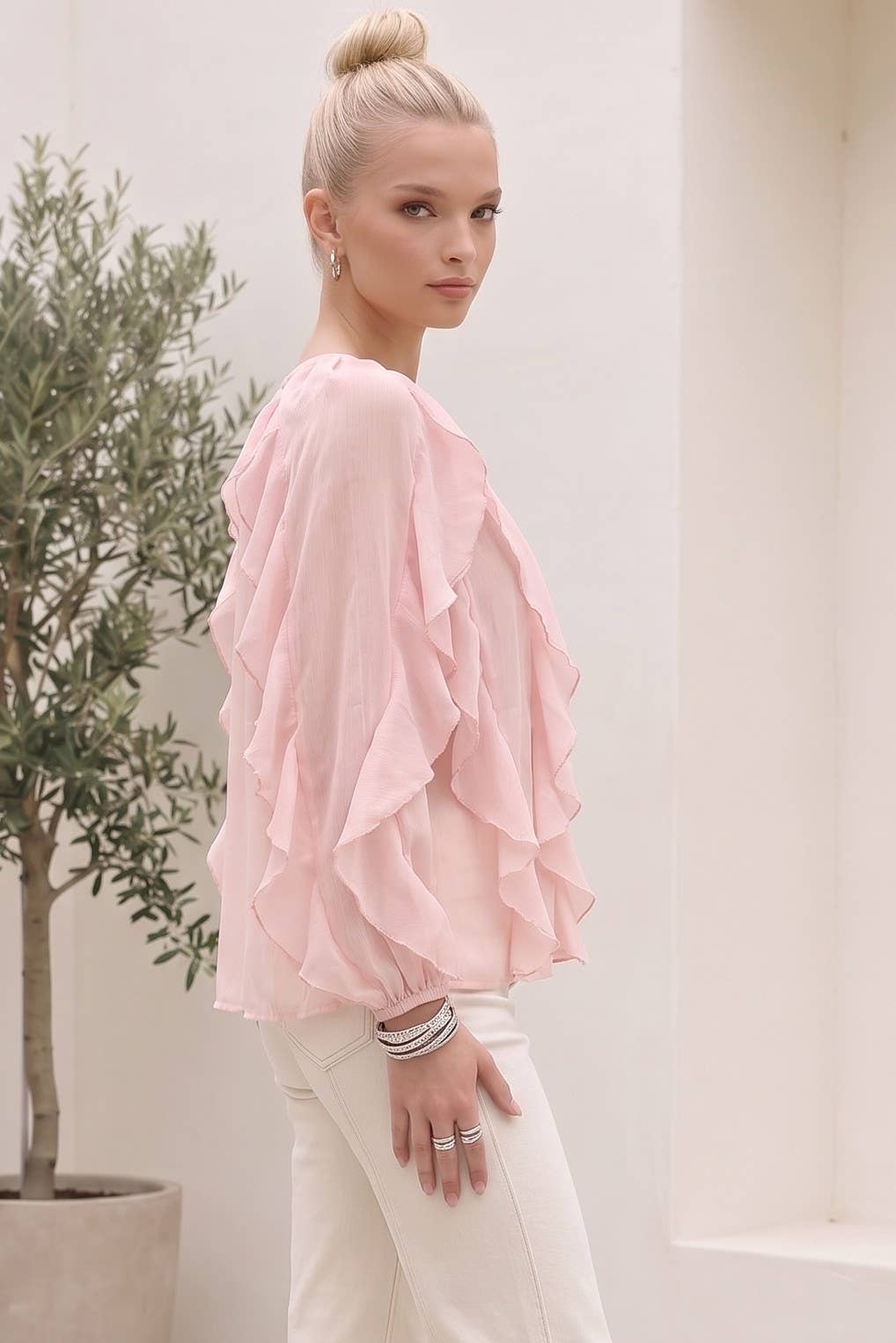 SHEER RUFFLED DETAIL BUTTON DOWN BLOUSE W1574TIA