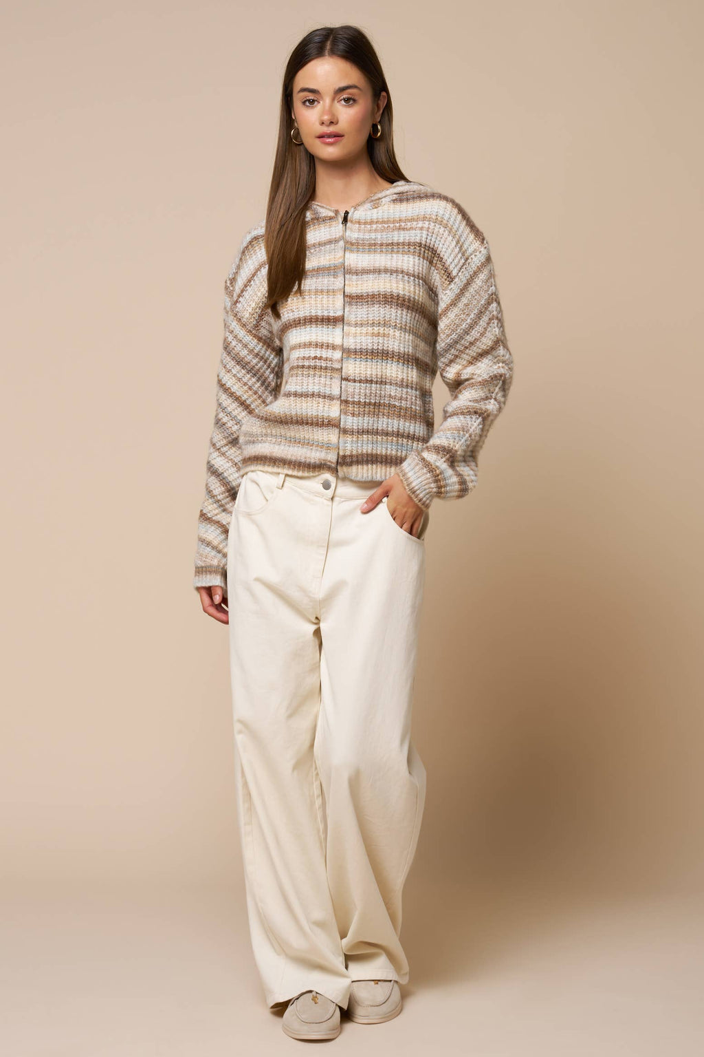 Striped Zip Front Hooded Sweater
