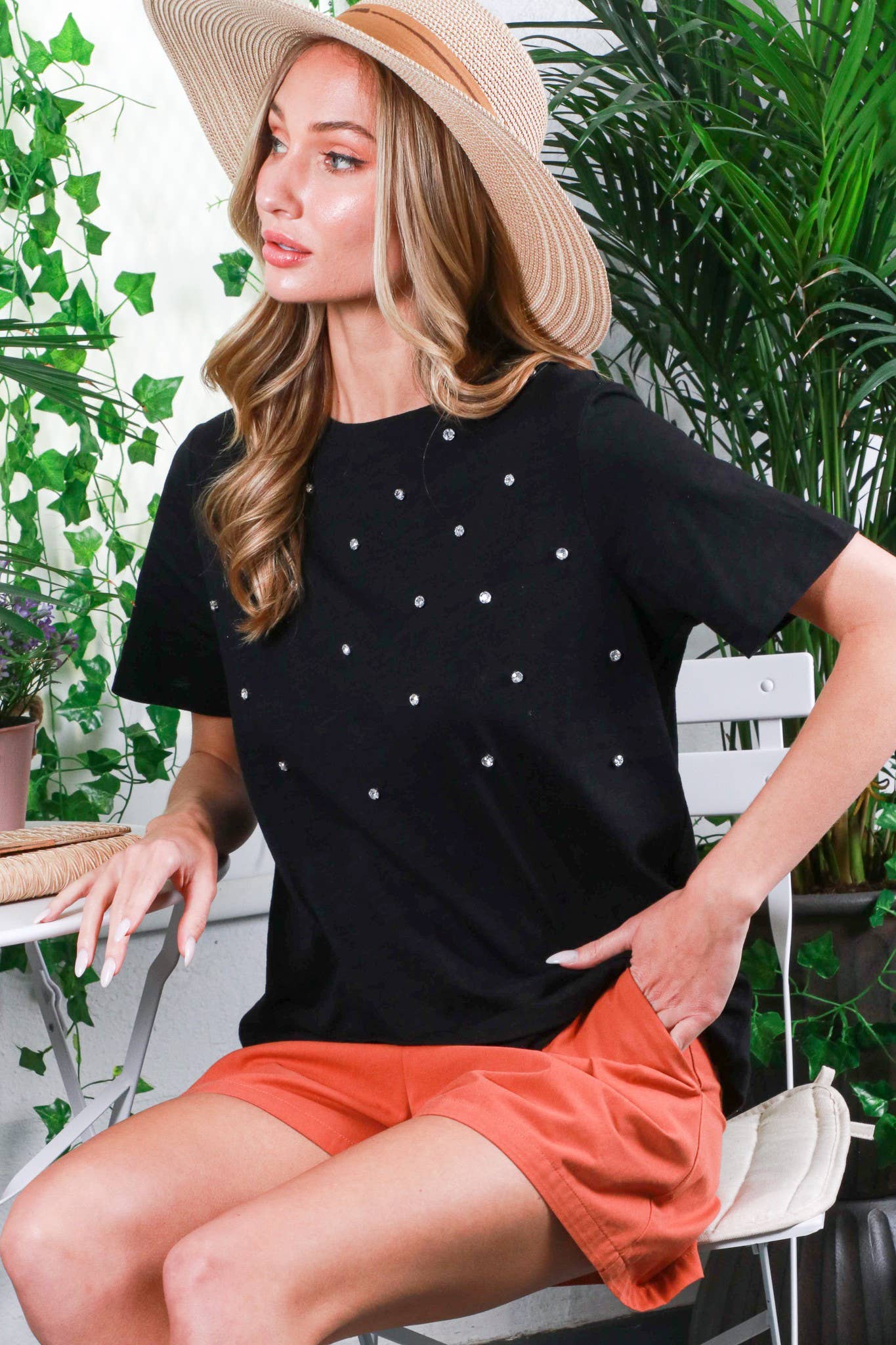 Round Neck Rhinestone Detail 100% Cotton T-Shirt Top