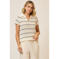 Striped Open Knit Short Sleeve Collar ToP