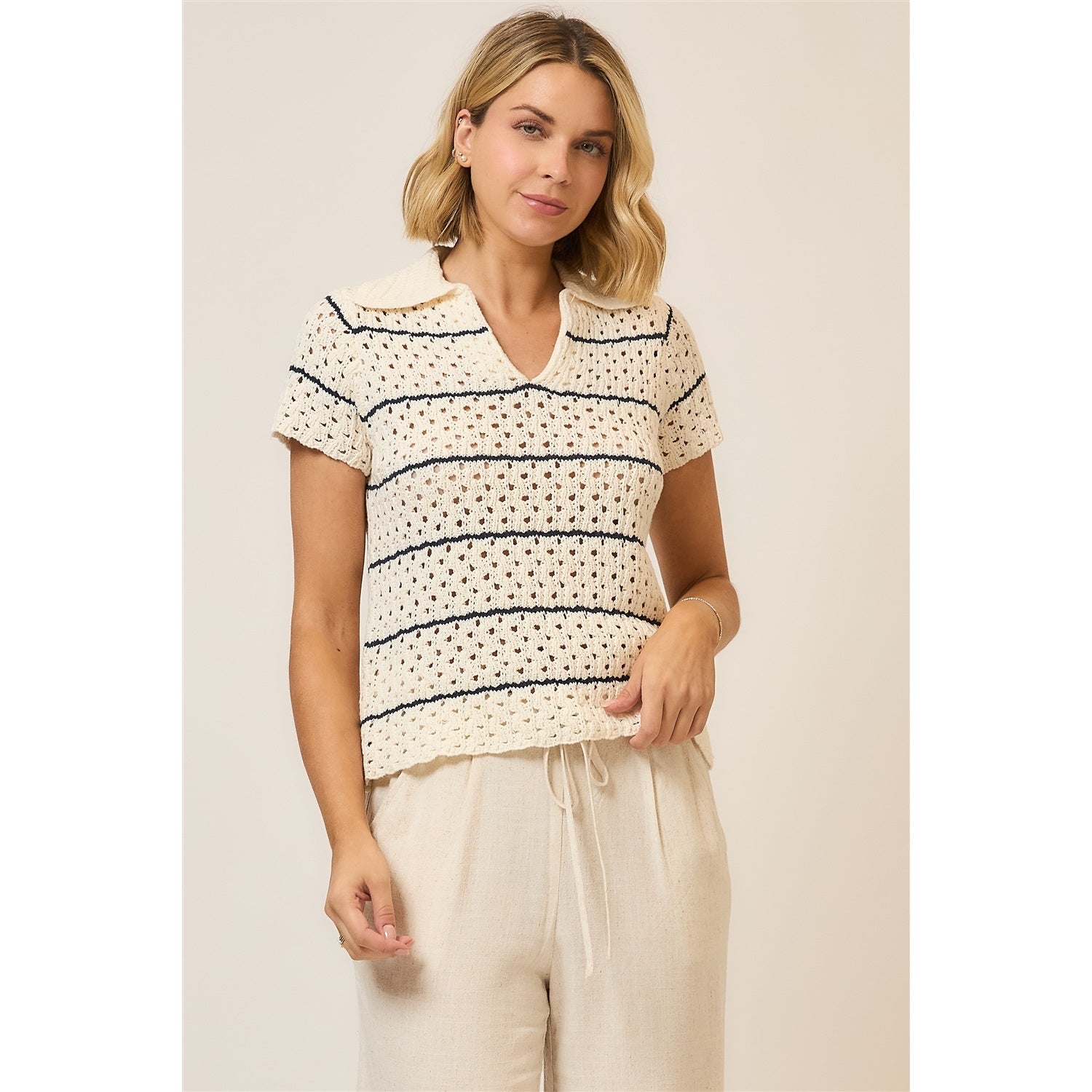 Striped Open Knit Short Sleeve Collar ToP