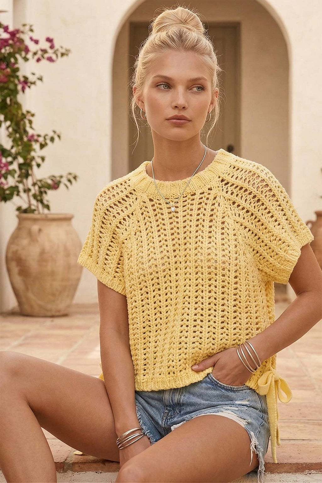 CHUNKY KNIT CROCHET SWEATER TOP WITH SIDE TIES W1551TIB