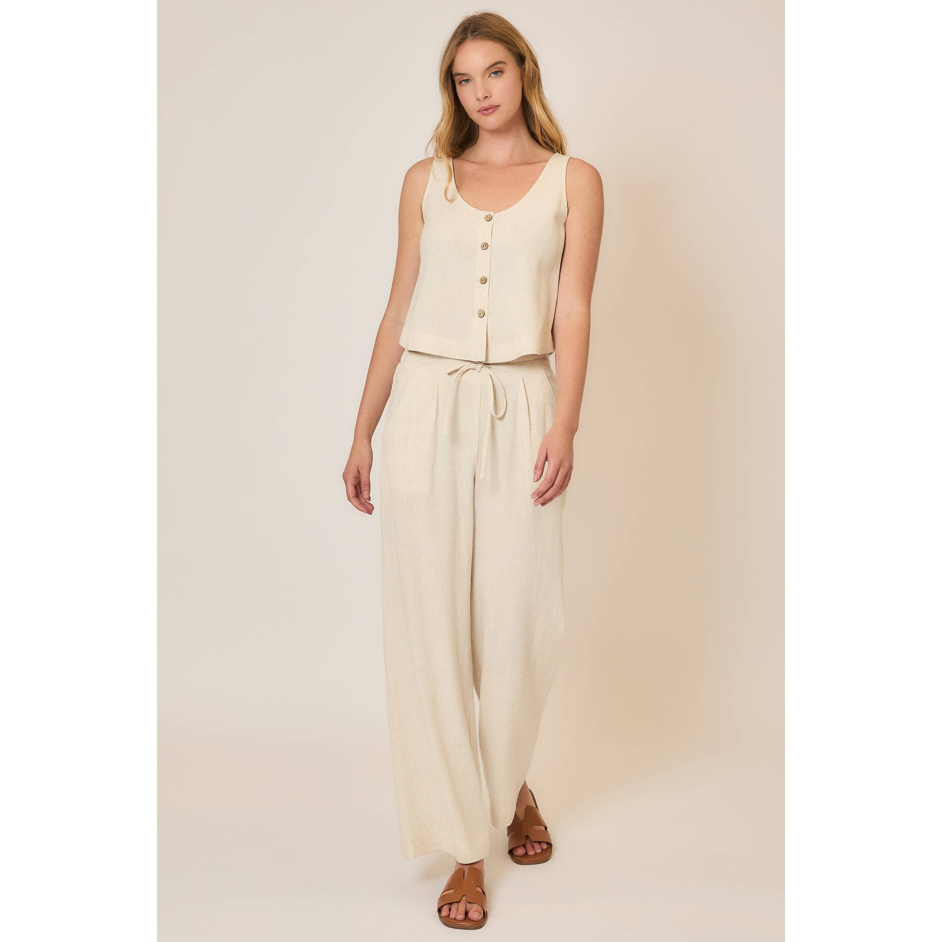 Drawstring Viscose Linen Blend Pants w Pockets