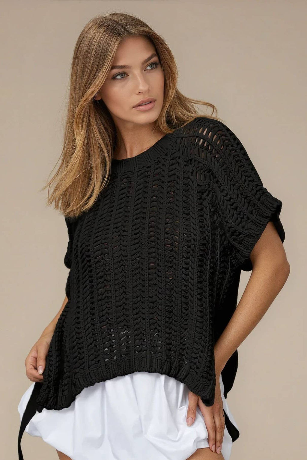 CHUNKY KNIT CROCHET SWEATER TOP WITH SIDE TIES W1551TIB