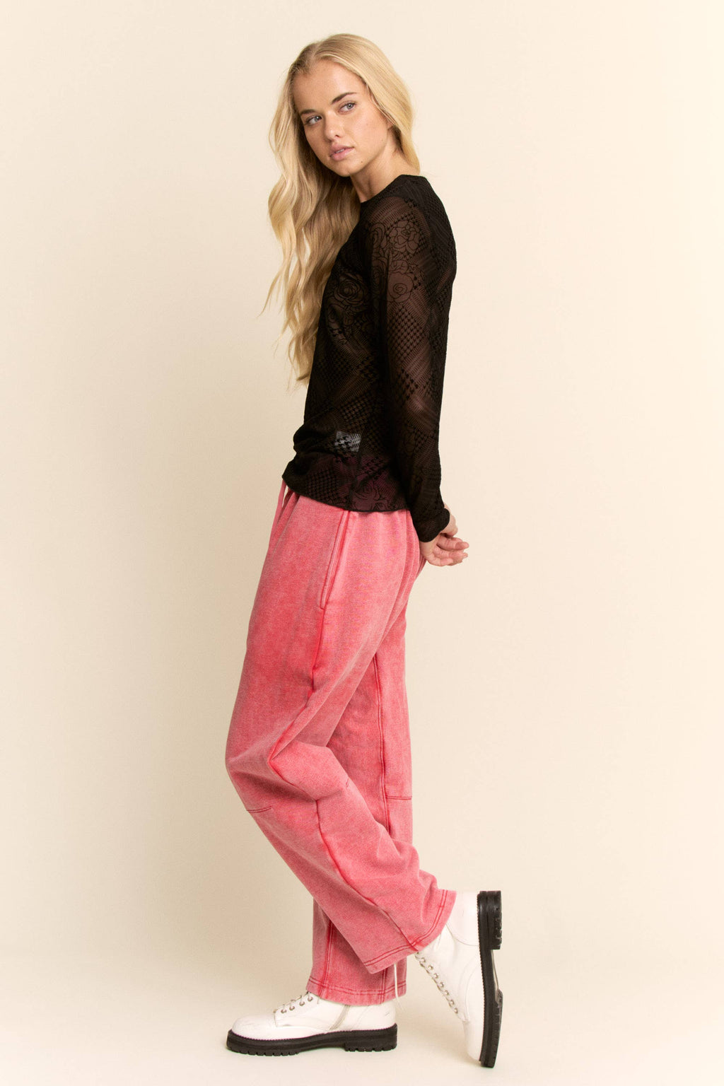 WASHED FRENCH TERRY CONTRAST WAIST BARREL PANTS