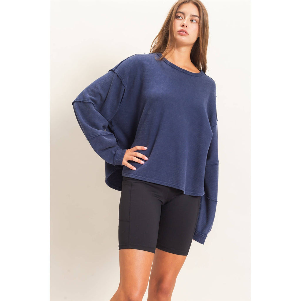 Mineral Wash Oversized Raw Edge Crew Neck Top