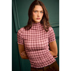 CHECK CRINKLED STRETCH SHORT SLEEVES KNIT TOP