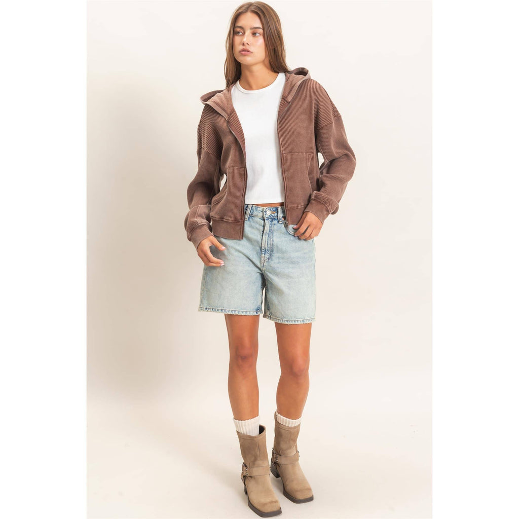 Acid Wash Waffle Knit Zip-Up Hoodie